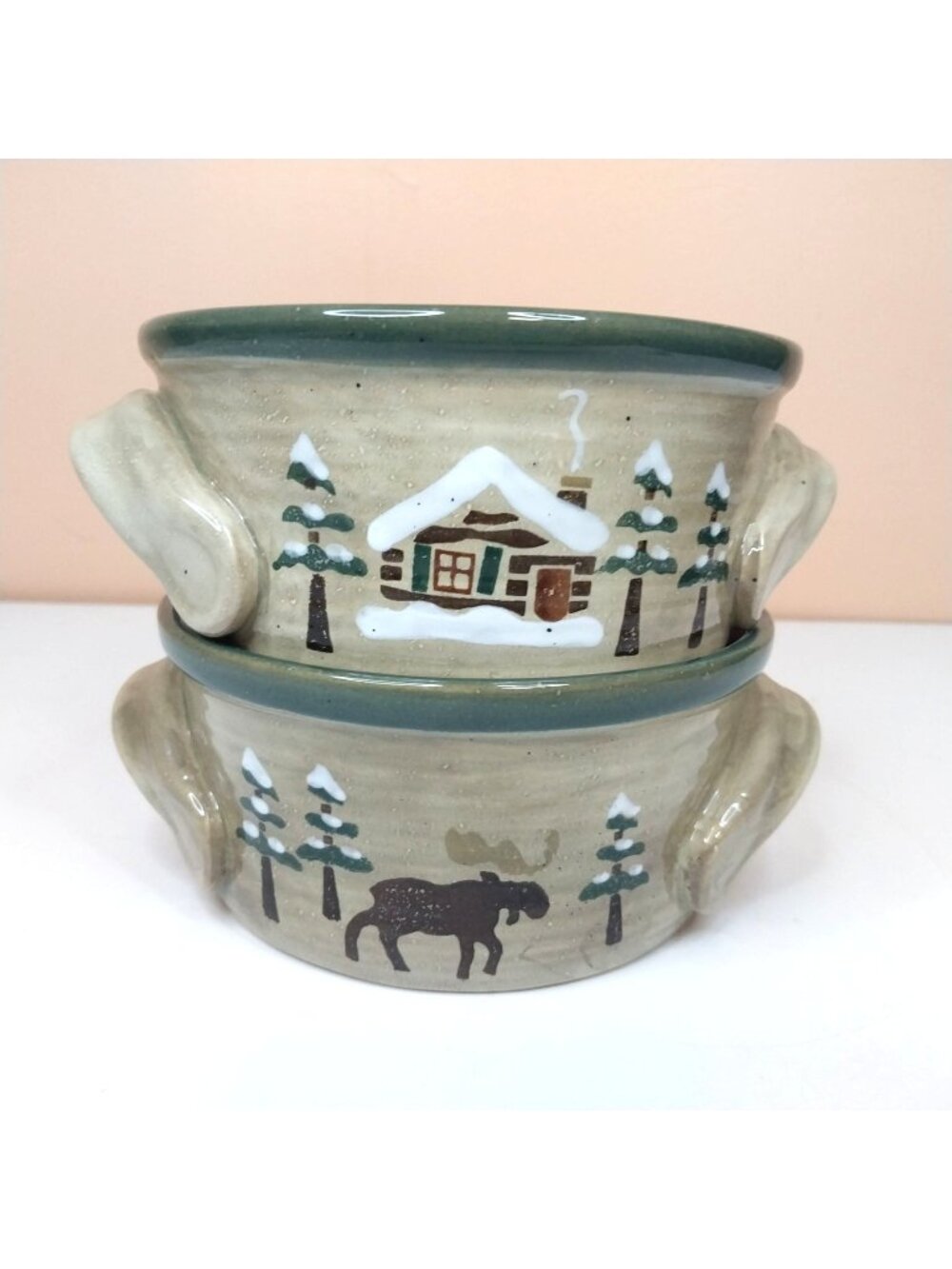 Sonoma Lodge Vintage Stoneware Soup Bowls Cabin Moose Bear Set Of 2 Rustic